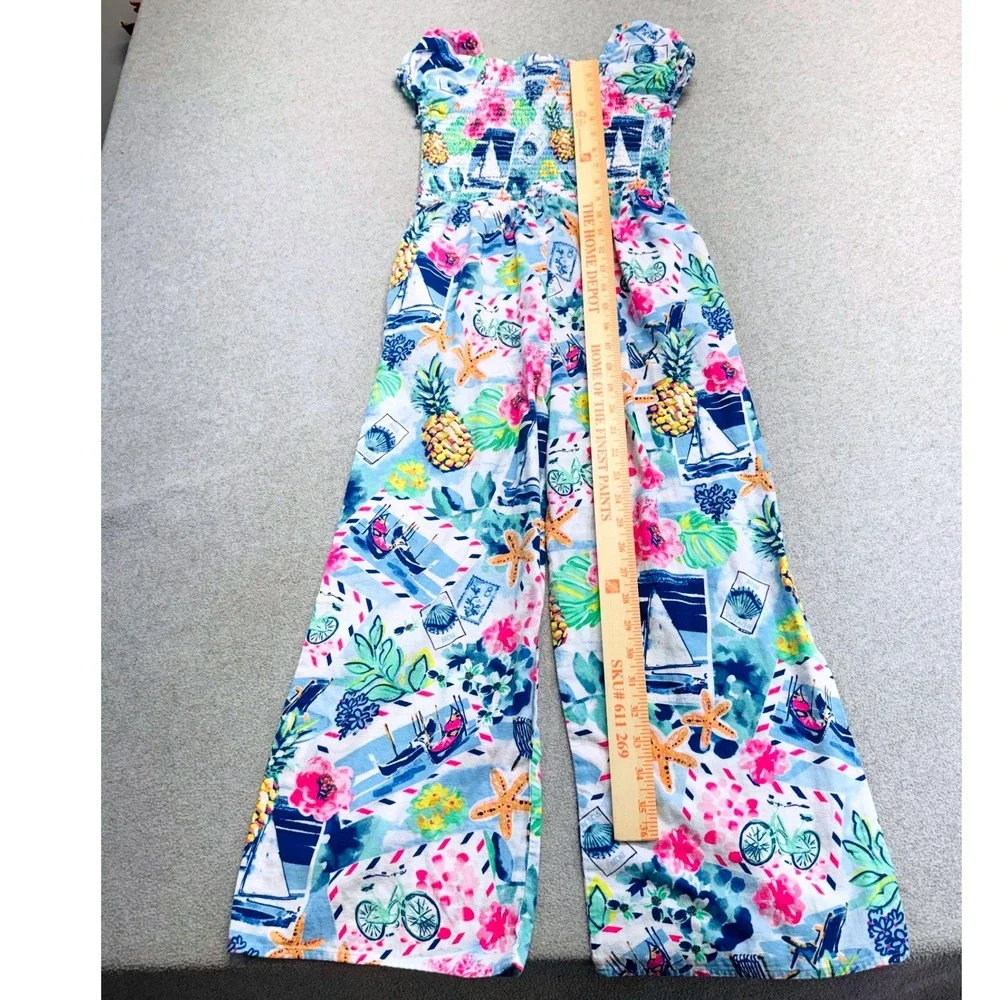 Gymboree Girls Size 12 Linen Blend Smocked Nautical Tropical Wide Leg Jumpsuit